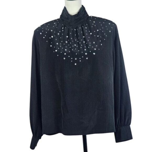 VTG Lillie Rubin Black Silk Rhinestone Blouse‎ Sz 14 Pleated High Neck Formal - Picture 1 of 9